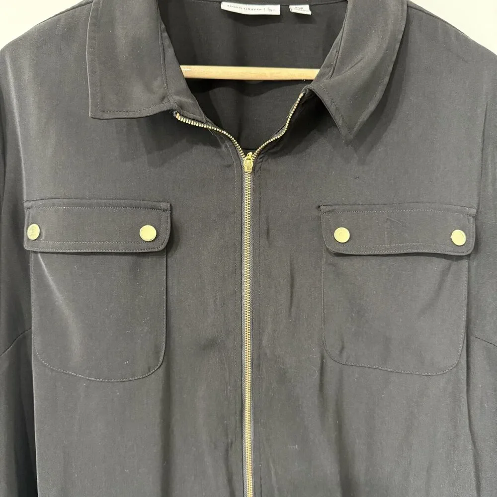 Susan Graver Jacket Size‎ 20W Black Zip Up Lightweight Roll Tab Sleeves